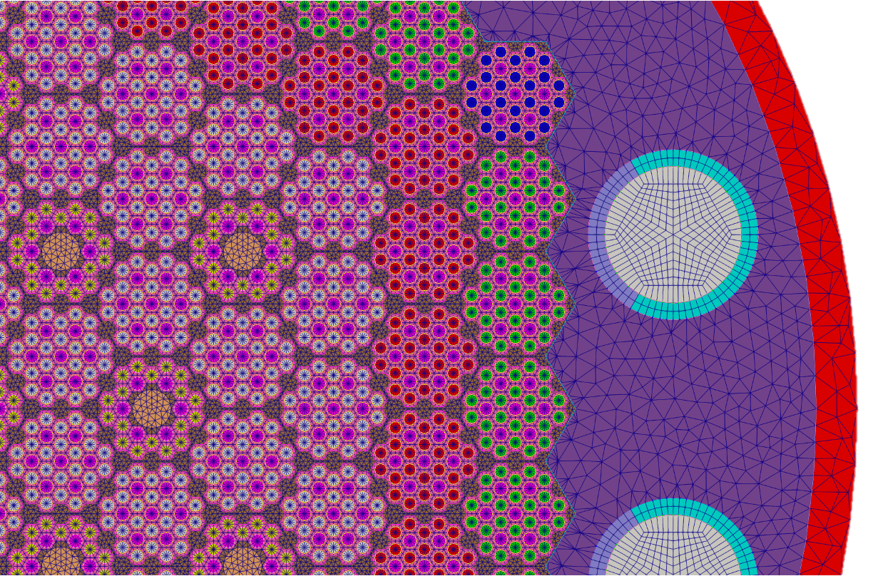 Figure 9: Closeup of the 2D final core assembly mesh featuring control drums in gray and fuel assemblies with and without control rod channels.
