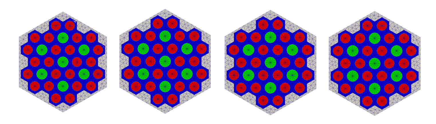 Figure 3: The identical 2D fuel assembly meshes; heat pipe pin cell meshes are in green and the fuel pin cell meshes are in red.