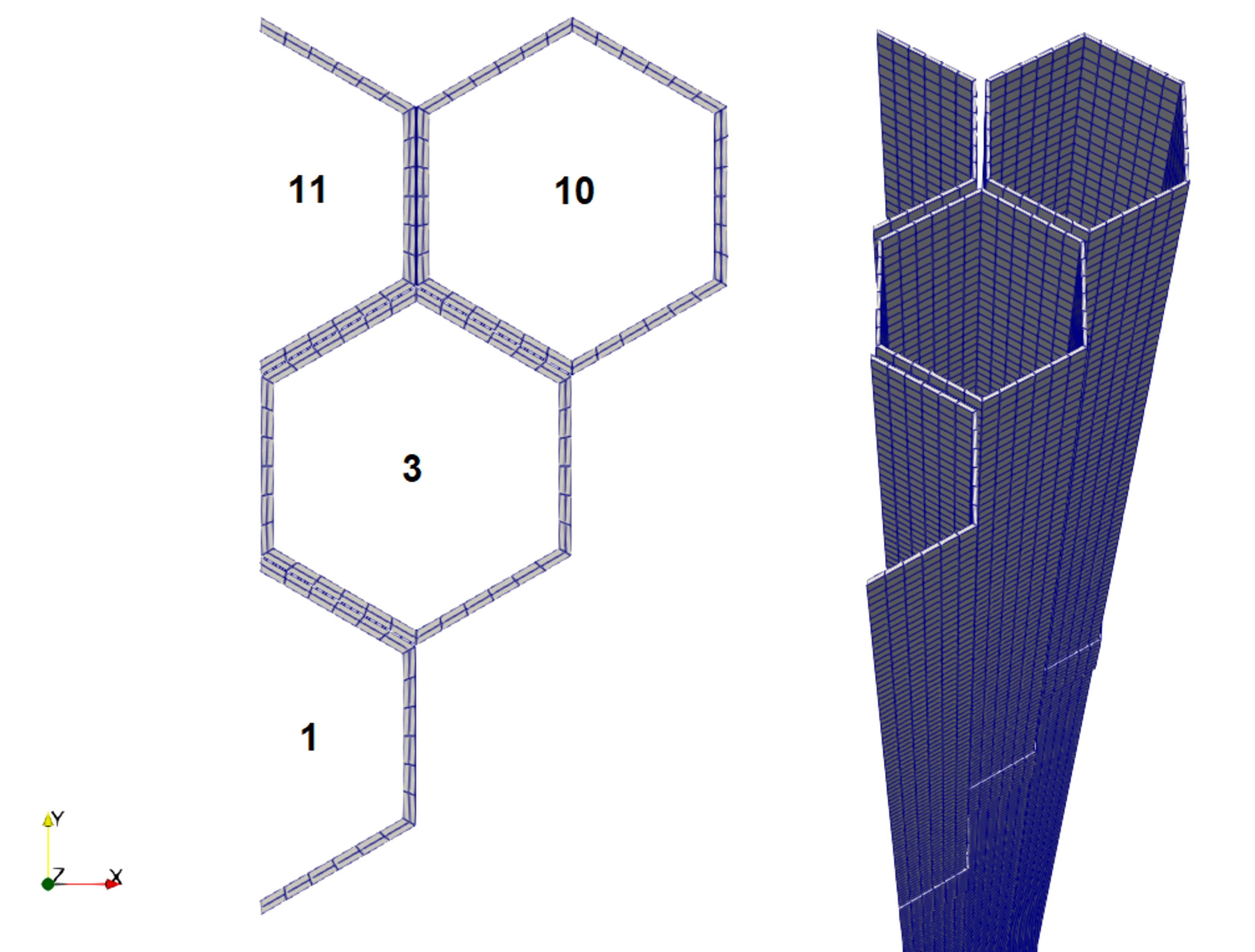 VP3A symmetric model mesh, with the (left) top-down view at the ACLP elevation and (right) isometric view showing the top portion of the ducts.