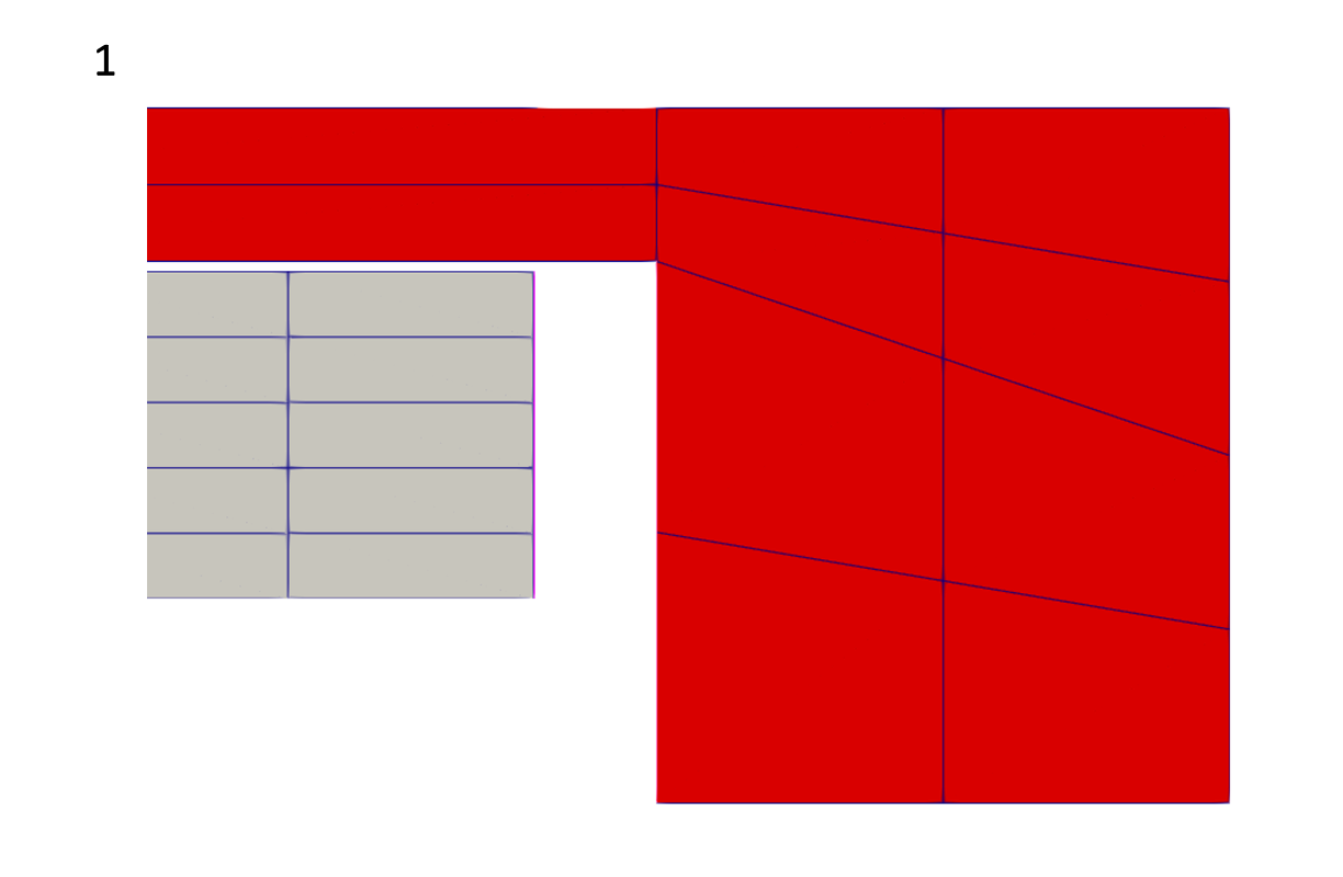 Figure 4: A close up of the fuel pin mesh, Area 1, showing the gap between the 'Sleeve_top' (the section of the graphite sleeve to the right, in red) and the 'Fuel_top' (the section of the fuel pin to the left, in grey), where heat transfer takes place; the boundaries are shown as faint pink lines.