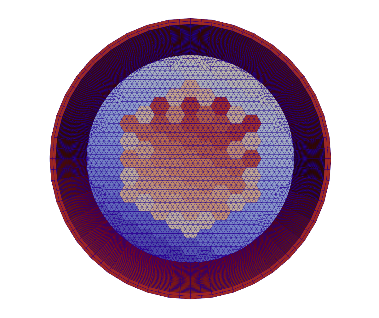 Figure 2: Radial cut of the 3D homogenized coarse mesh loaded in [full_core_ht_steady.i](https://github.com/idaholab/virtual_test_bed/tree/main/htgr/httr/steady_state_and_null_transient/full_core_ht_steady.i). The reactor pressure vessel exchanges heat with the core via radiation and conduction.