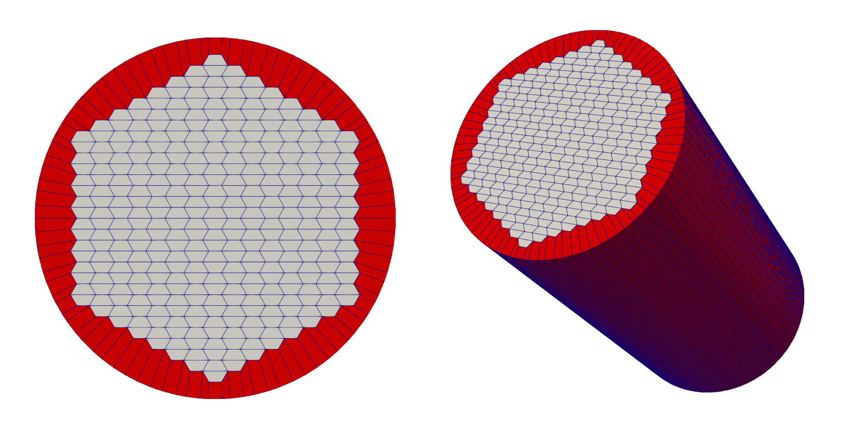 Figure 12: Left: Coarse hexagonal core mesh with ring boundary; Right: 3D, Extruded coarse hexagonal core mesh