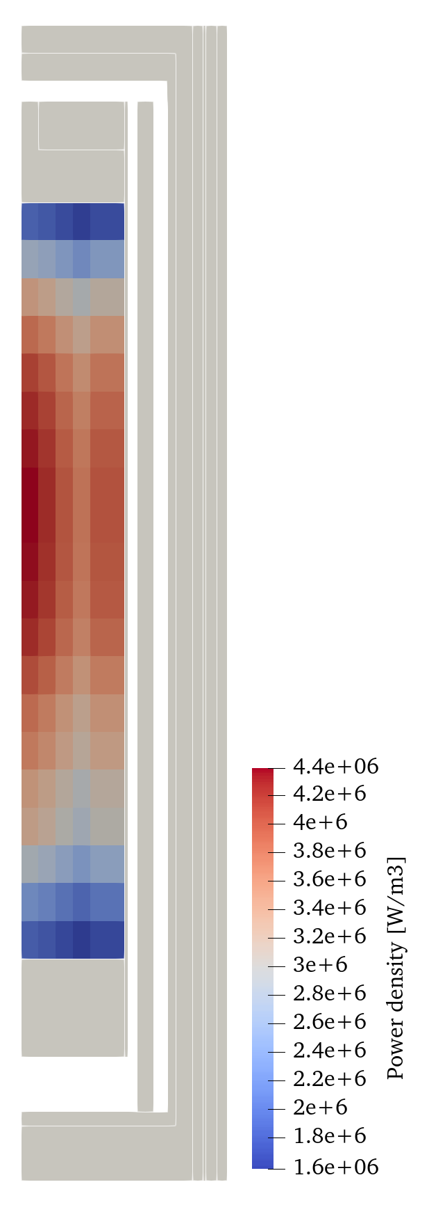 Power density distribution of the SAM HTR-PM model during steady-state normal operating condition.