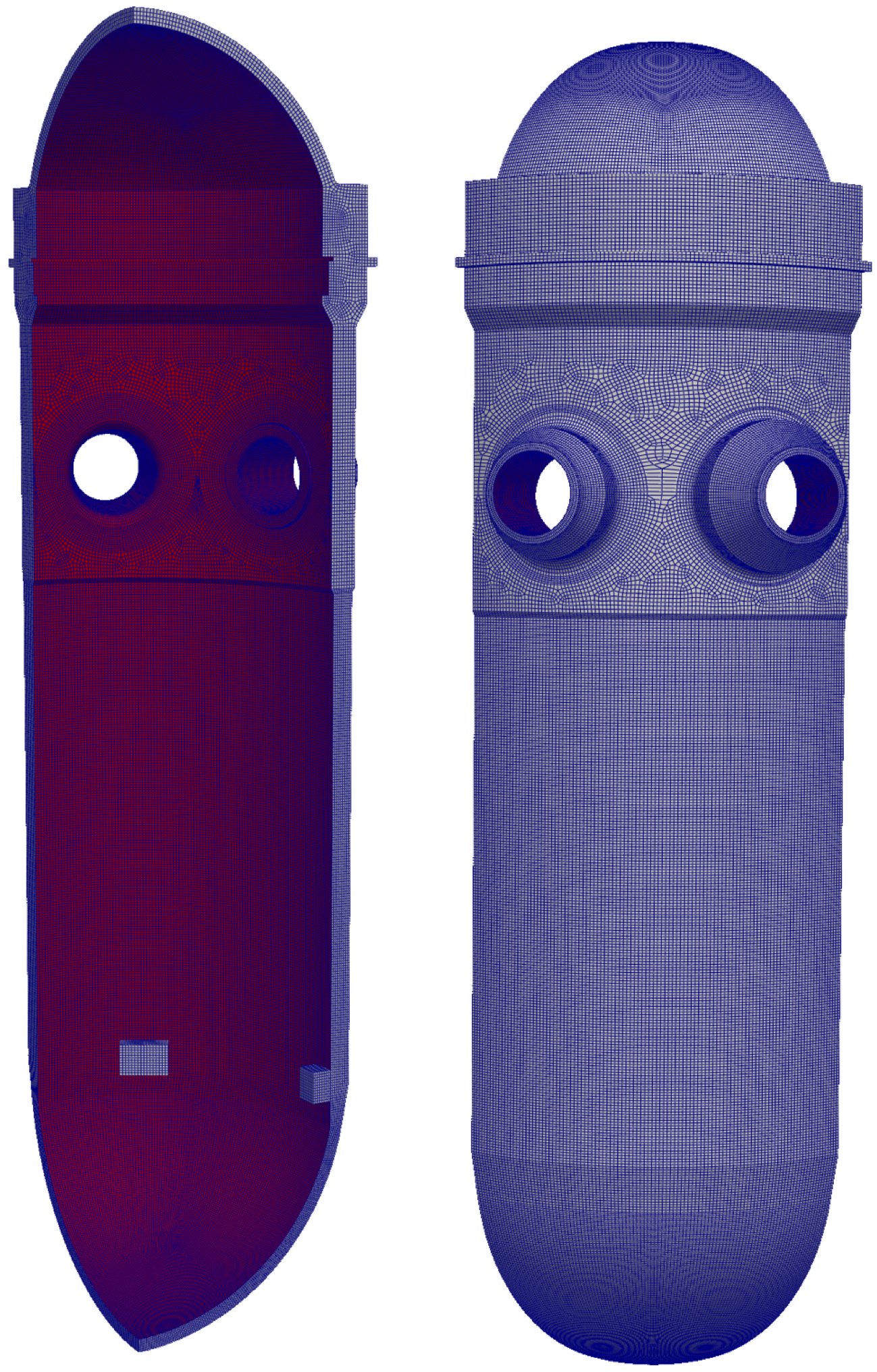 3D Mesh of RPV used for this case, shown from the interior (left) and exterior (right)