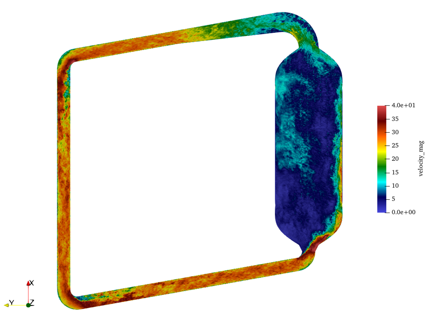 Instantaneous non-dimensional velocity magnitude, $|U^*|$, showing energetic large-scale eddies in the open core cavity.