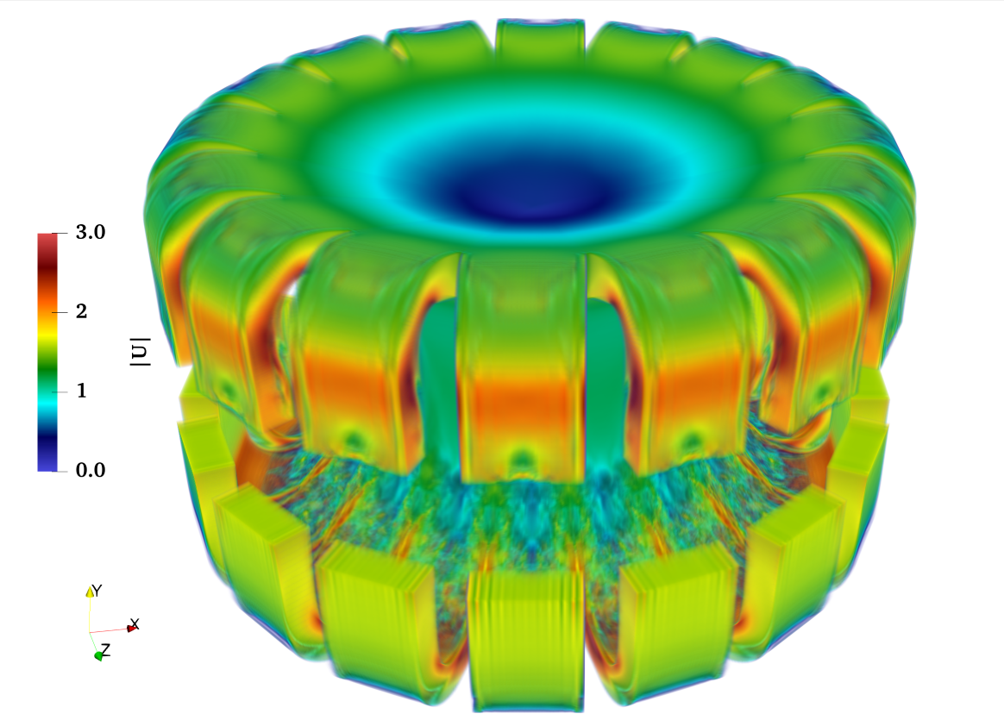 A volumetric rendering snapshot of instantaneous velocity field from MSFR full-core LES model at $Re = 2\times10^4$.