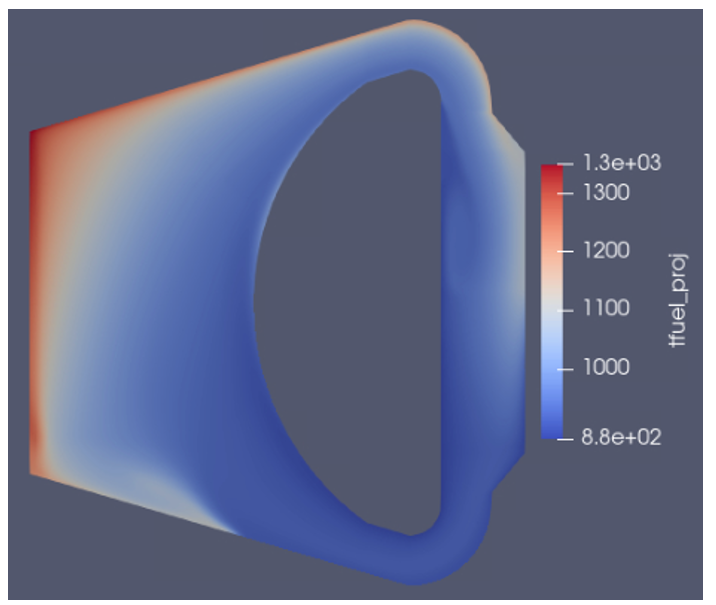 Multiphysics (Griffin + Pronghorn) steady-state temperature $[K]$ solution.