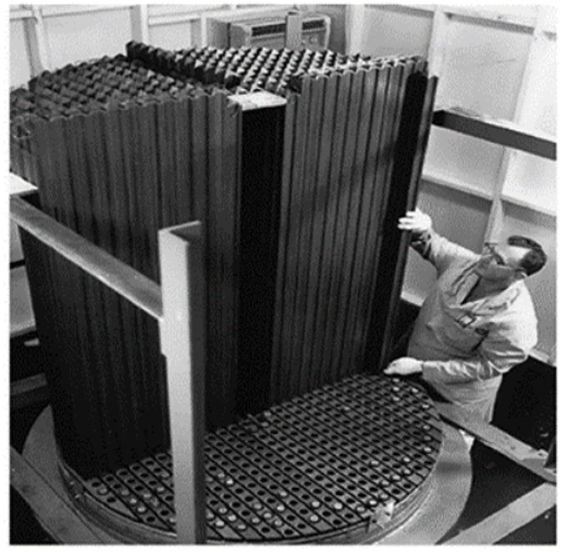 Picture of MSRE core graphite stringers in core assembly [!citep](ORNL_3626).