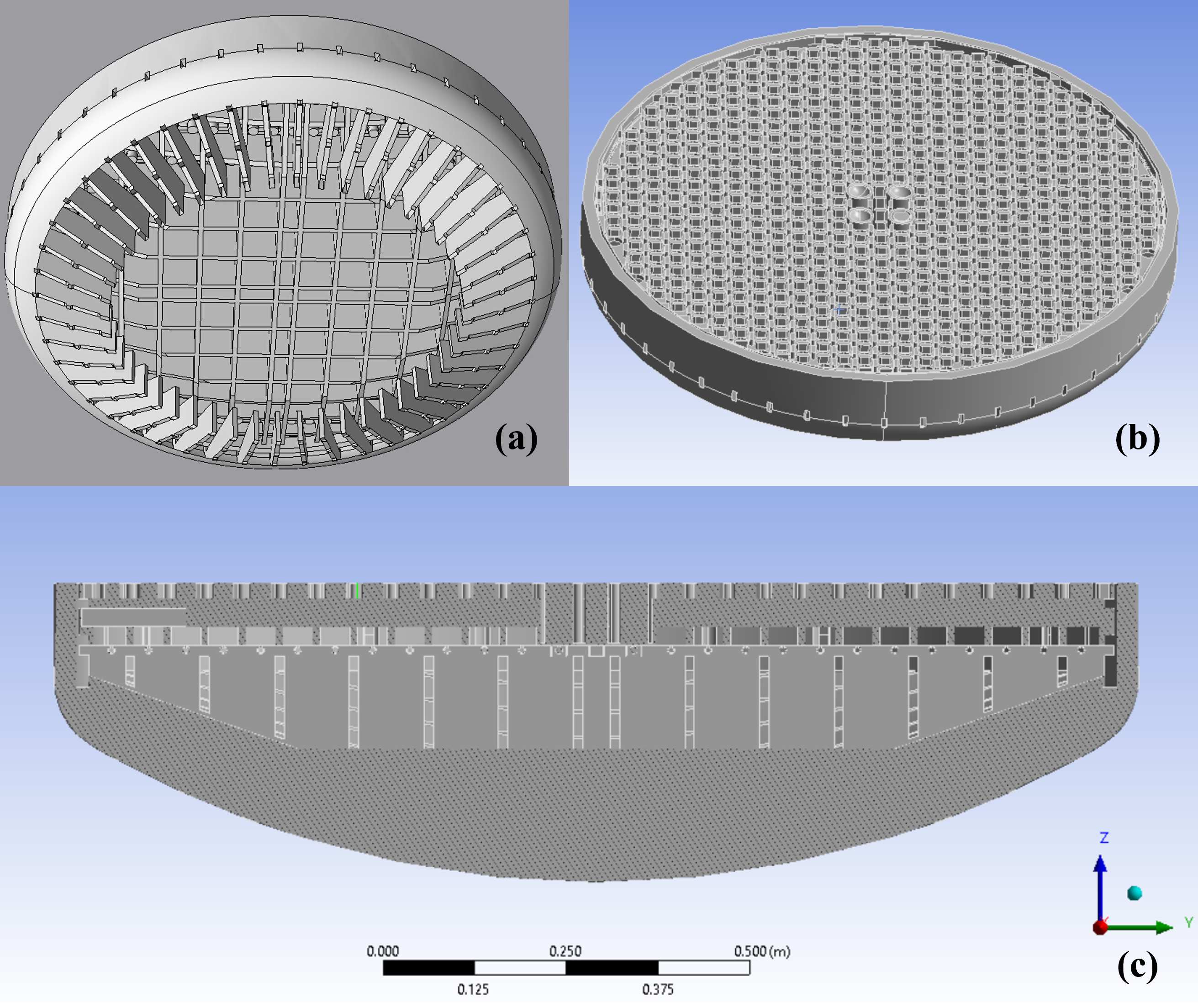 Geometric model of MSRE lower plenum: (a) the bottom view with MSRE lower head surface hidden to show internal structures such as anti-swirl fans, support grid, etc.; (b) the top view to show the annulus inlet from downcomer and outlet channels into the MSRE core region; (c) a slice view through MSRE lower plenum.