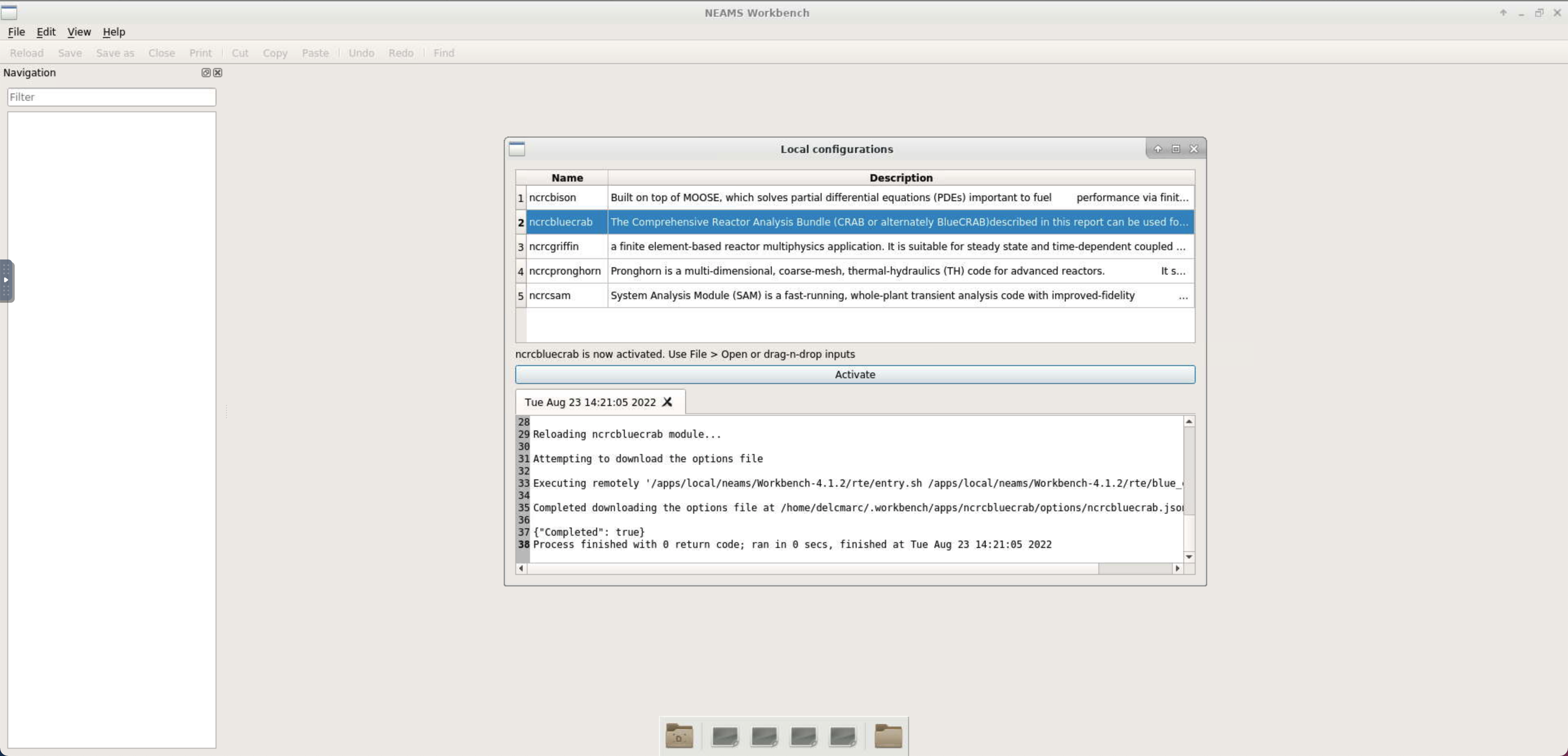 Enabling the BlueCrab environment from the NEAMS Workbench GUI.