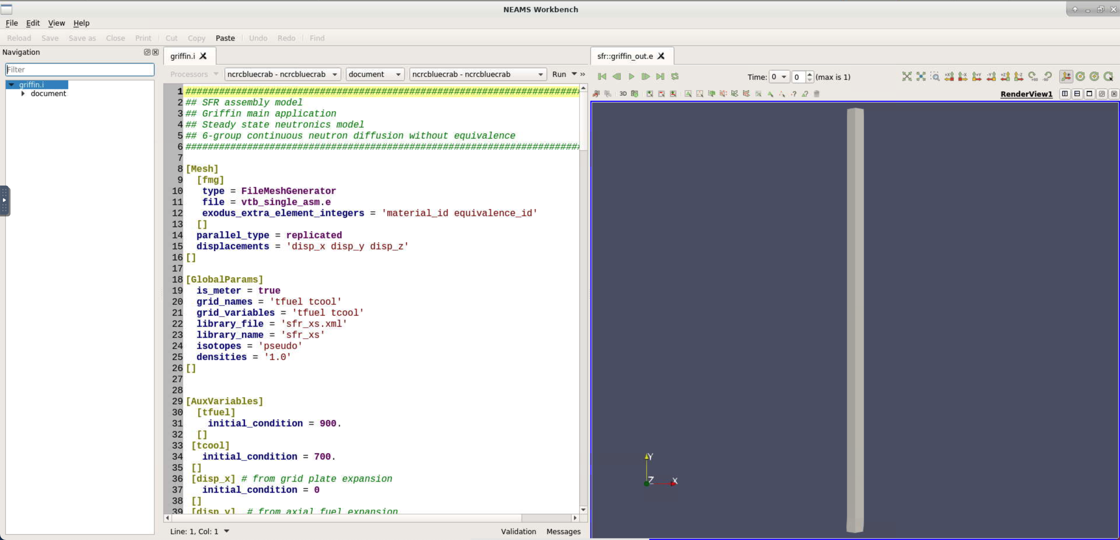 Drag and drop the Exodus solution output file *griffin_out.e* in the NEAMS Workbench GUI to open a visualization tab or render view.