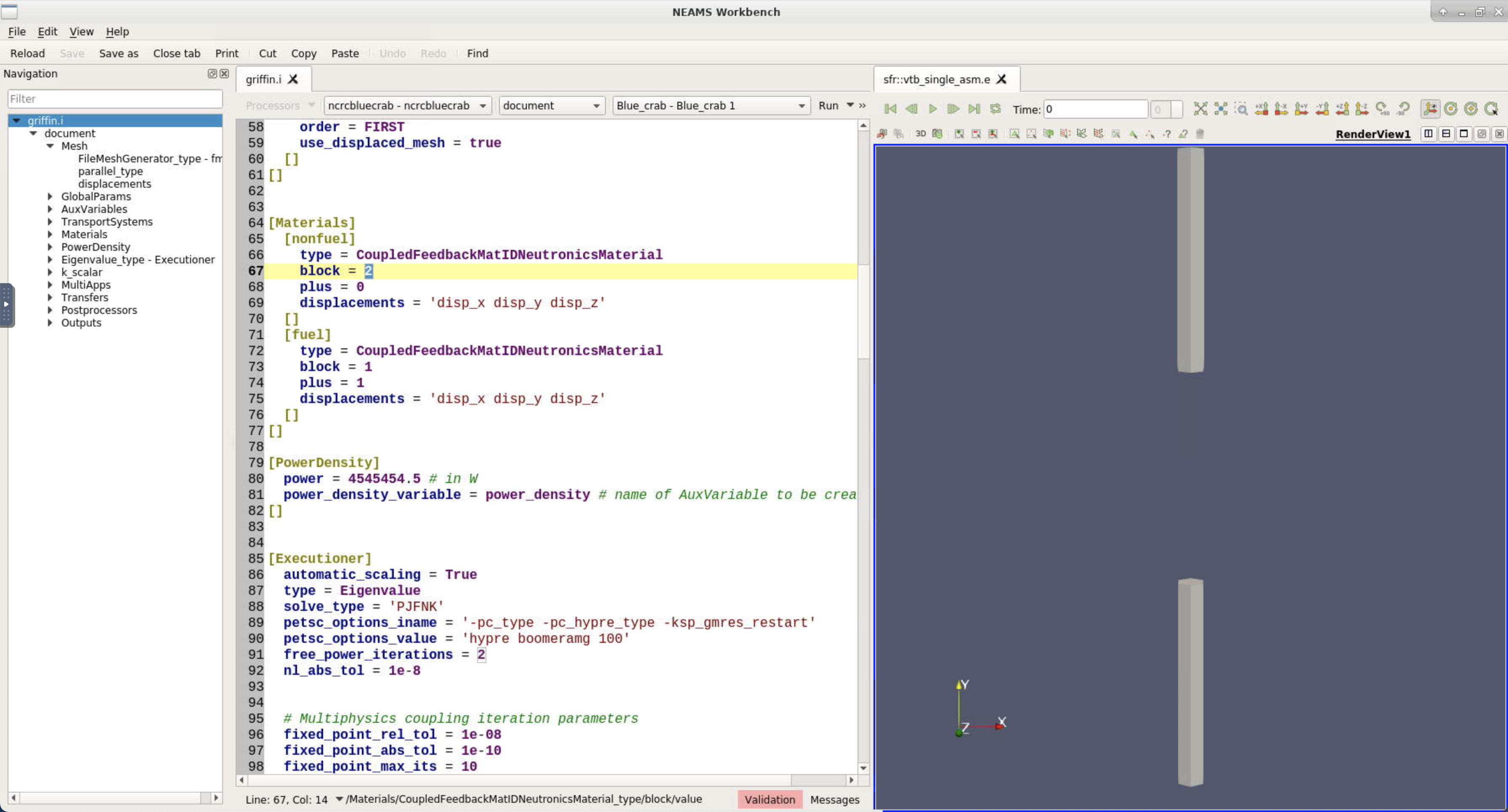 Input file (left) and mesh visualization (right) with the NEAMS Workbench.