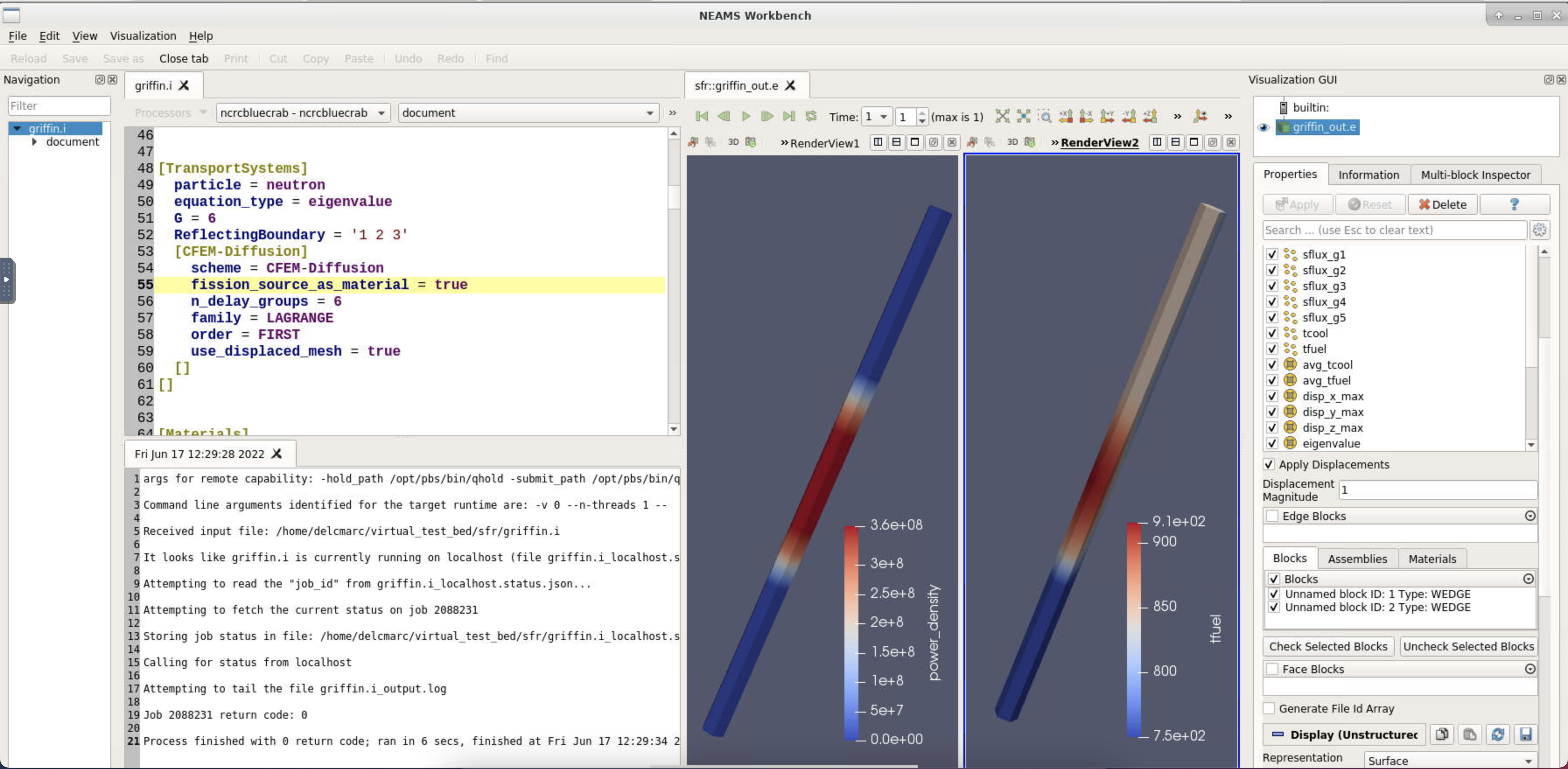 The NEAMS Workbench GUI with *griffin.i* input file (top left), the output from the scheduler (bottom left), and the numerical solution visualized with ParaView (right).