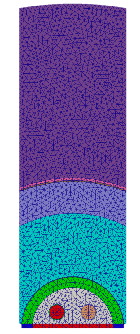 Figure 11: 2D top half core mesh featuring water layer in dark purple.