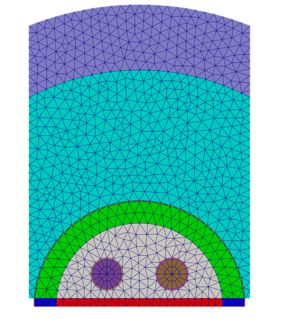 Figure 8: 2D top half core mesh featuring lead layer in purple.