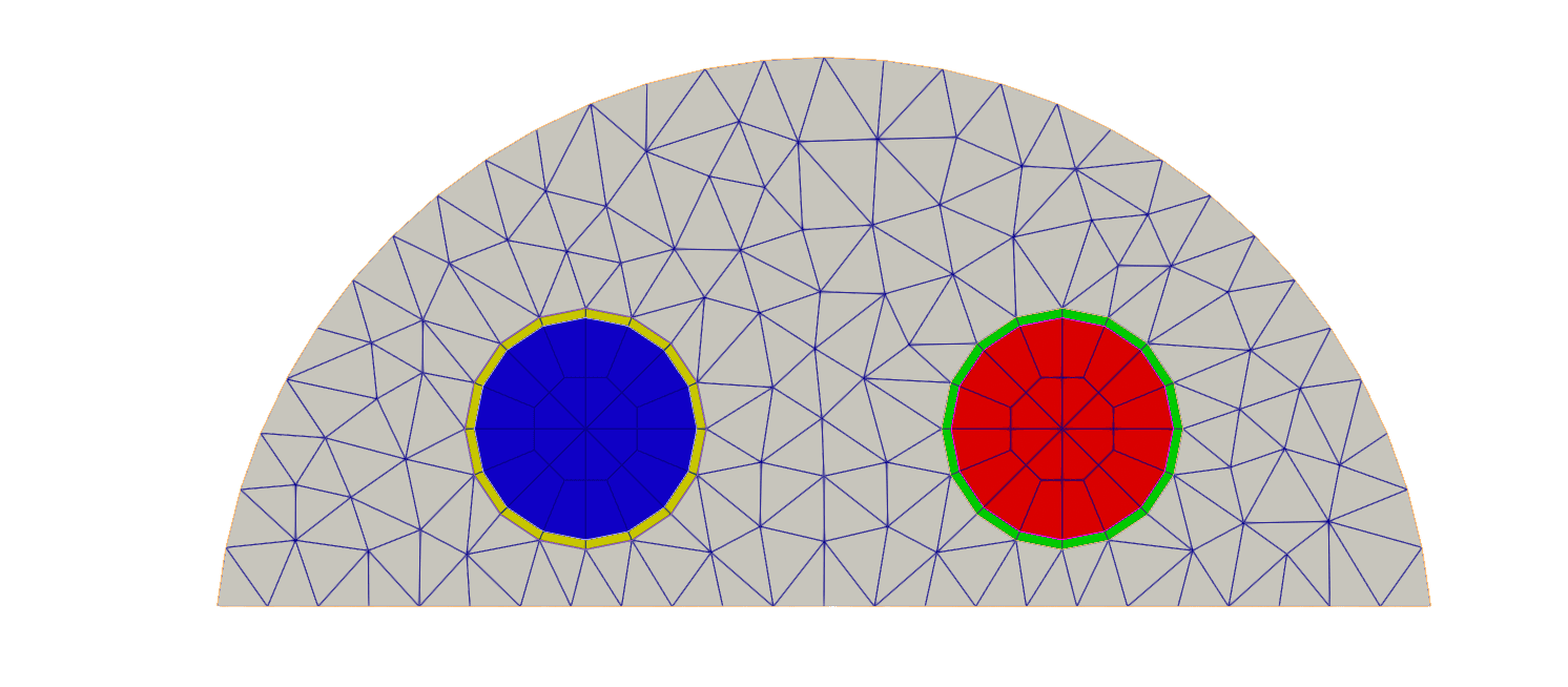 Figure 3: 2D top half core mesh featuring the CCR in blue and the SR1 in red.