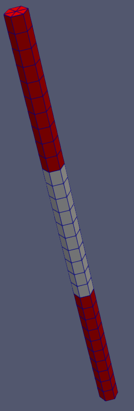 Mesh used for Griffin. Red indicates the bottom and top axial reflectors. White corresponds to the fuel region.