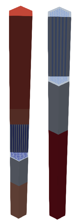 3D region ID distribution of `Mesh/fuel_assembly_1` (left) and `Mesh/control_assembly` (right)